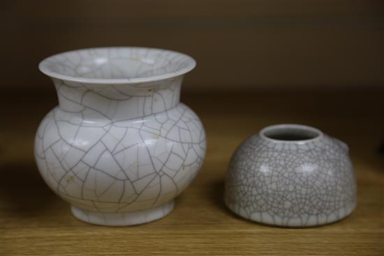A Chinese crackle glaze vase, height 10cm and a beehive brushwasher pot